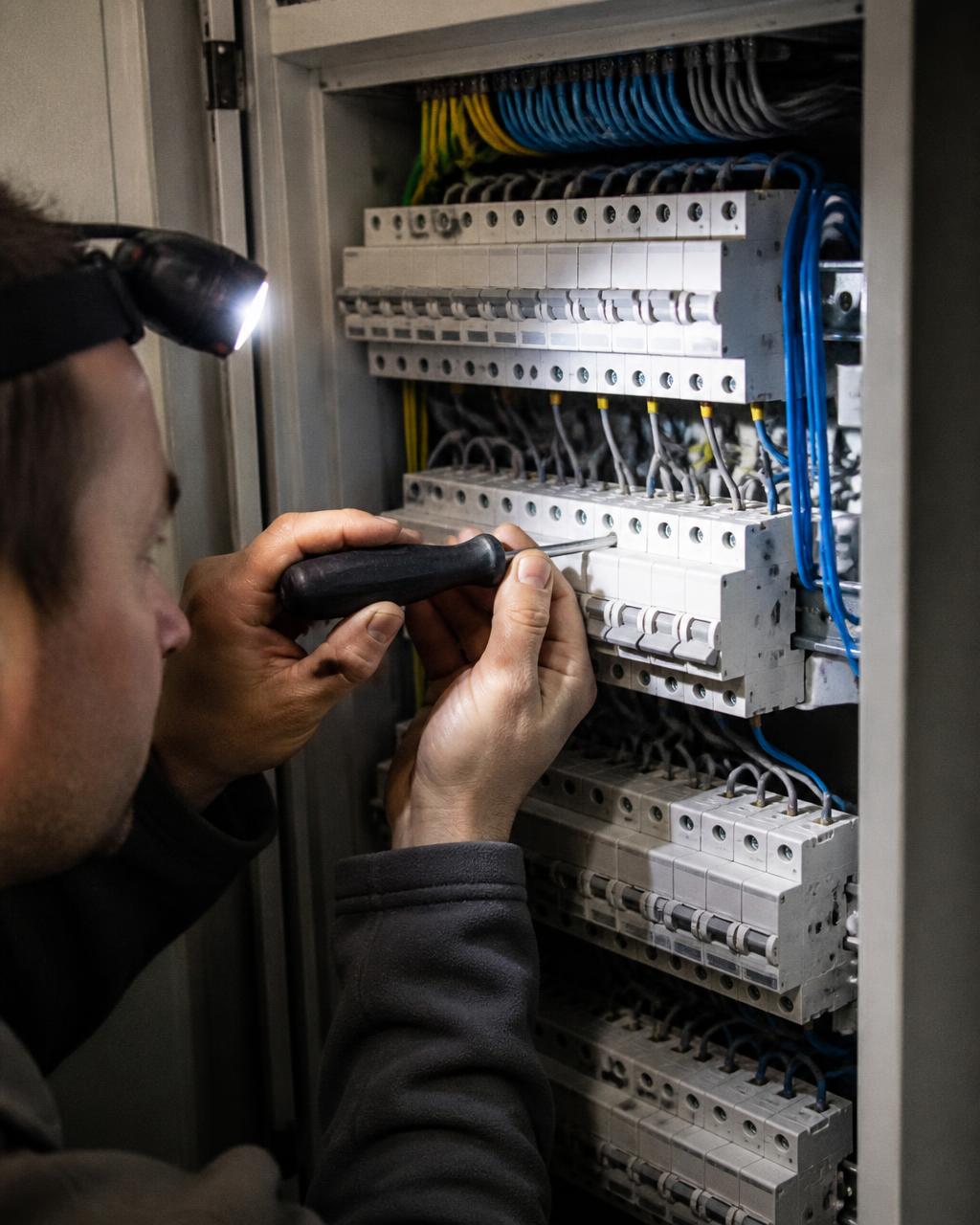 Electricista trabajando en un cuadro eléctrico